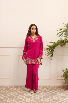Fuchsia Pink Cotton Embroidered Co-Ord Set