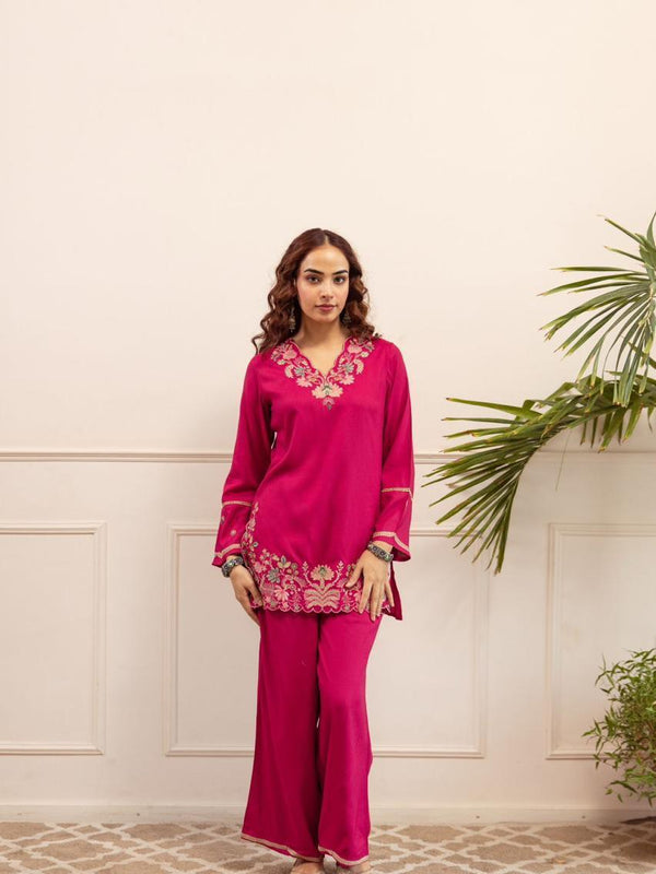 Fuchsia Pink Cotton Embroidered Co-Ord Set