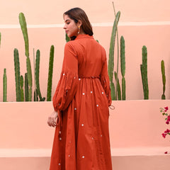 Terracotta Grace Mirror Work Button-Front Cotton Midi Dress