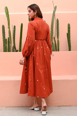 Terracotta Grace Mirror Work Button-Front Cotton Midi Dress