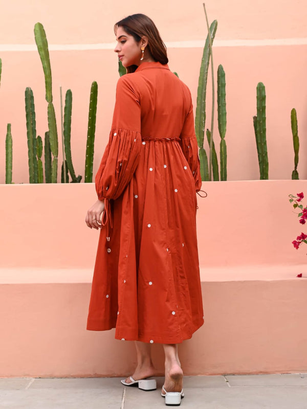 Terracotta Grace Mirror Work Button-Front Cotton Midi Dress