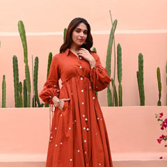 Terracotta Grace Mirror Work Button-Front Cotton Midi Dress