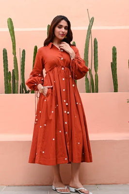 Terracotta Grace Mirror Work Button-Front Cotton Midi Dress