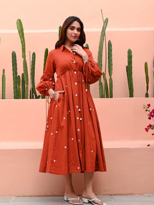 Terracotta Grace Mirror Work Button-Front Cotton Midi Dress