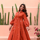 Terracotta Grace Mirror Work Button-Front Cotton Midi Dress