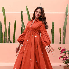 Terracotta Grace Mirror Work Button-Front Cotton Midi Dress