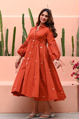Terracotta Grace Mirror Work Button-Front Cotton Midi Dress