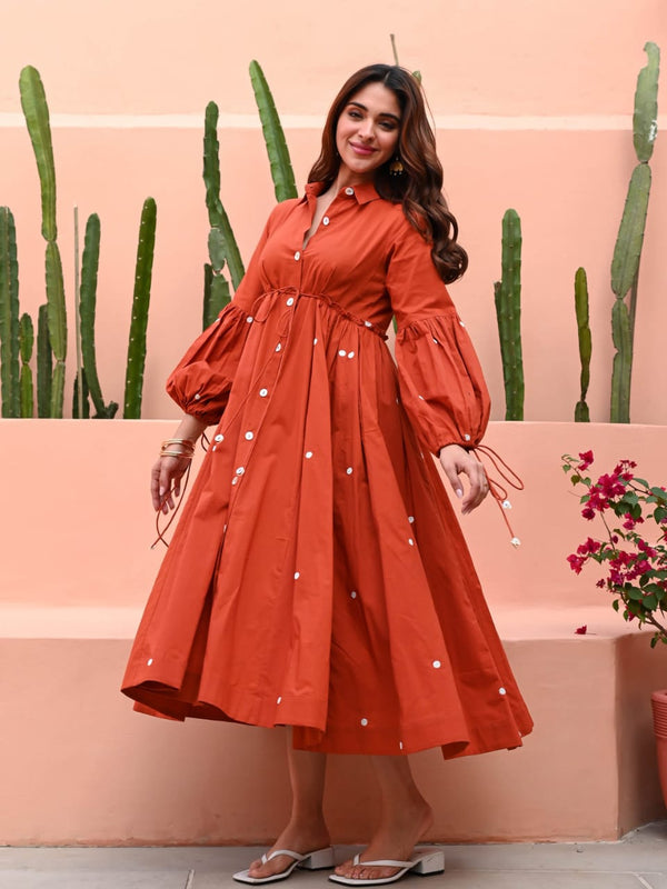 Terracotta Grace Mirror Work Button-Front Cotton Midi Dress