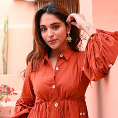 Terracotta Grace Mirror Work Button-Front Cotton Midi Dress