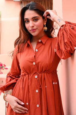 Terracotta Grace Mirror Work Button-Front Cotton Midi Dress