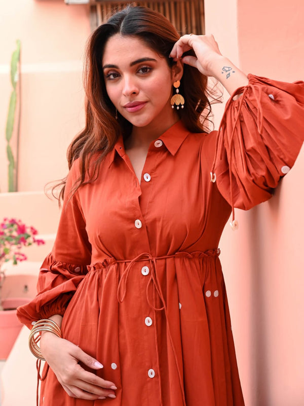 Terracotta Grace Mirror Work Button-Front Cotton Midi Dress