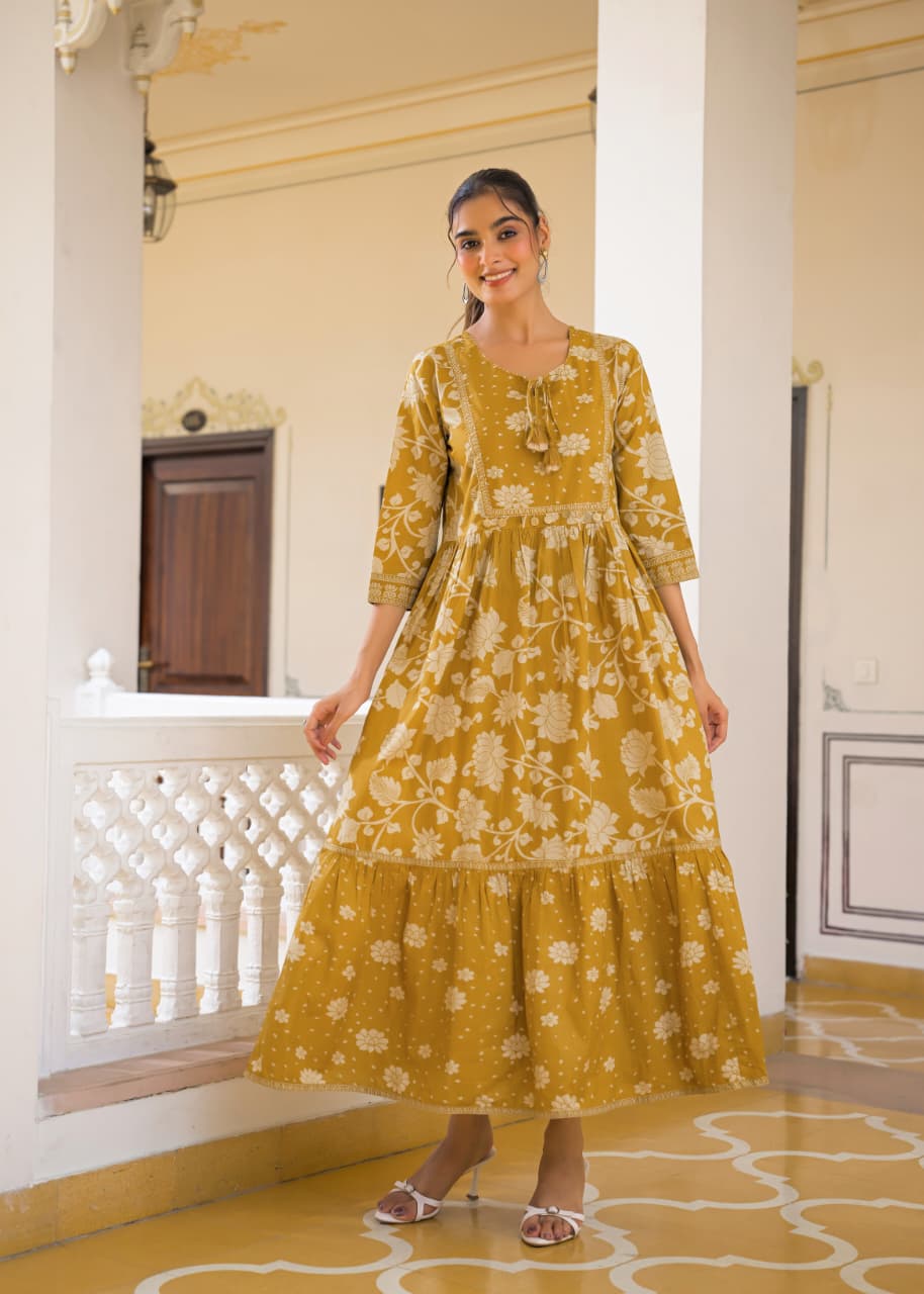 Mustard Bloom Tiered Cotton Maxi Dress