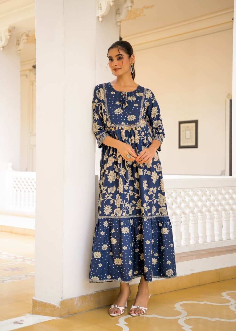 Navy Floral Charm Cotton Tiered Maxi Dress