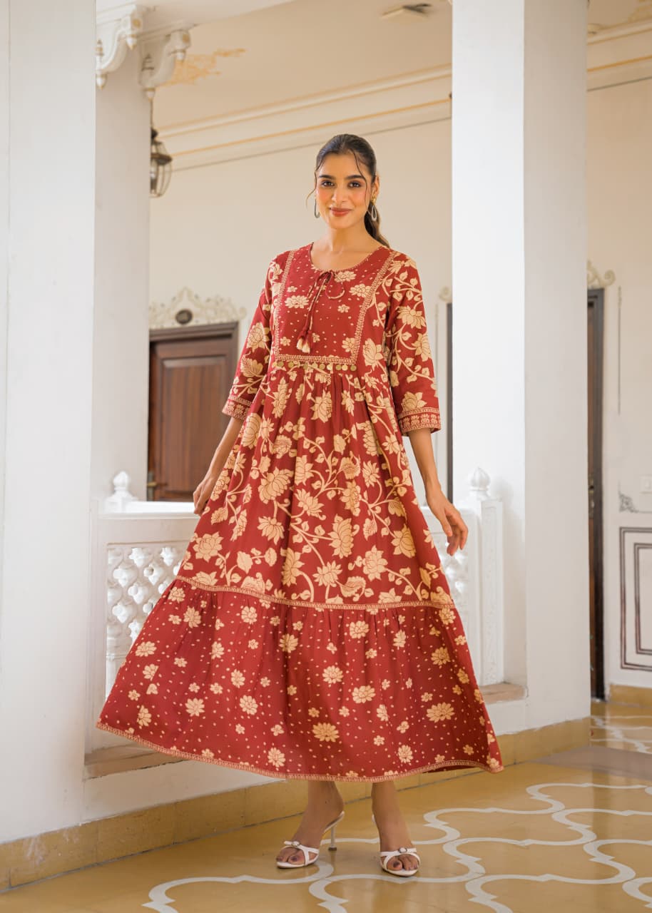 Rust Heritage Bloom Cotton Maxi Dress