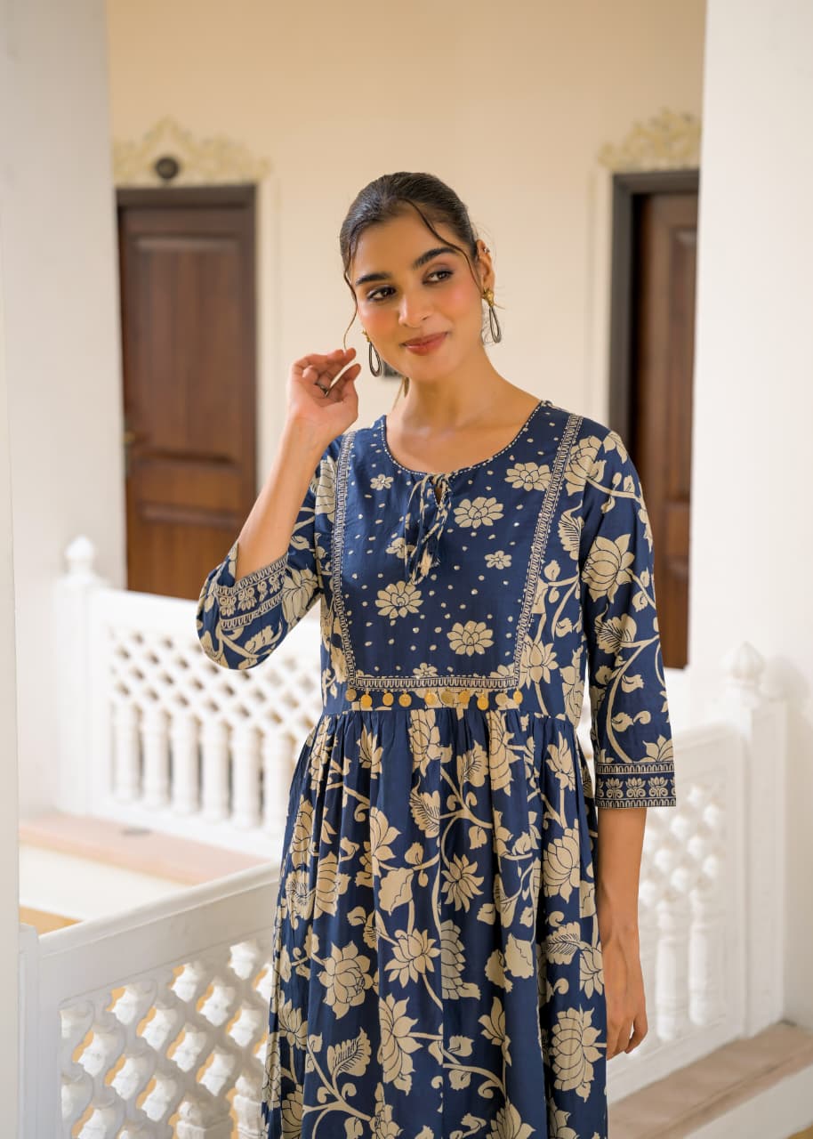Navy Floral Charm Cotton Tiered Maxi Dress
