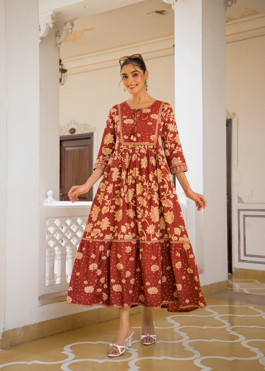Rust Heritage Bloom Cotton Maxi Dress
