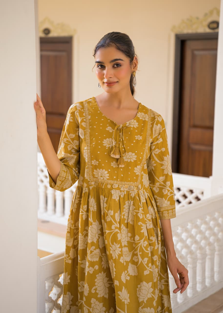 Mustard Bloom Tiered Cotton Maxi Dress