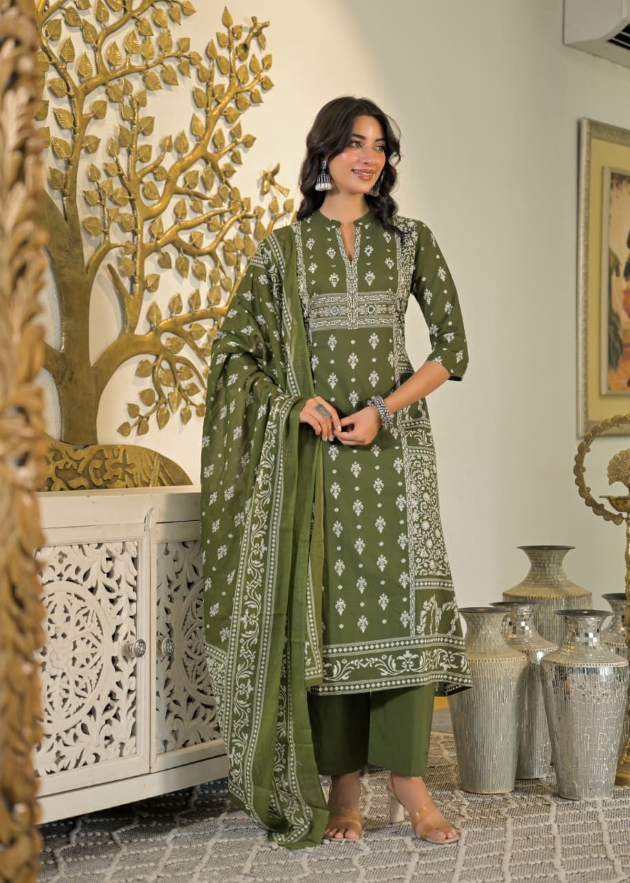 Olive Green Floral Printed Cotton Suit Set