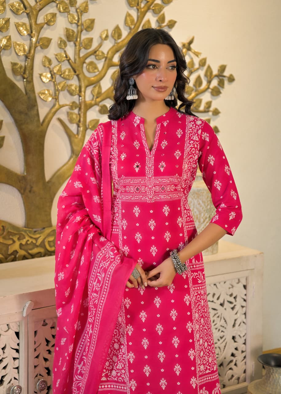 Rani Pink Heritage Printed Cotton Suit Set