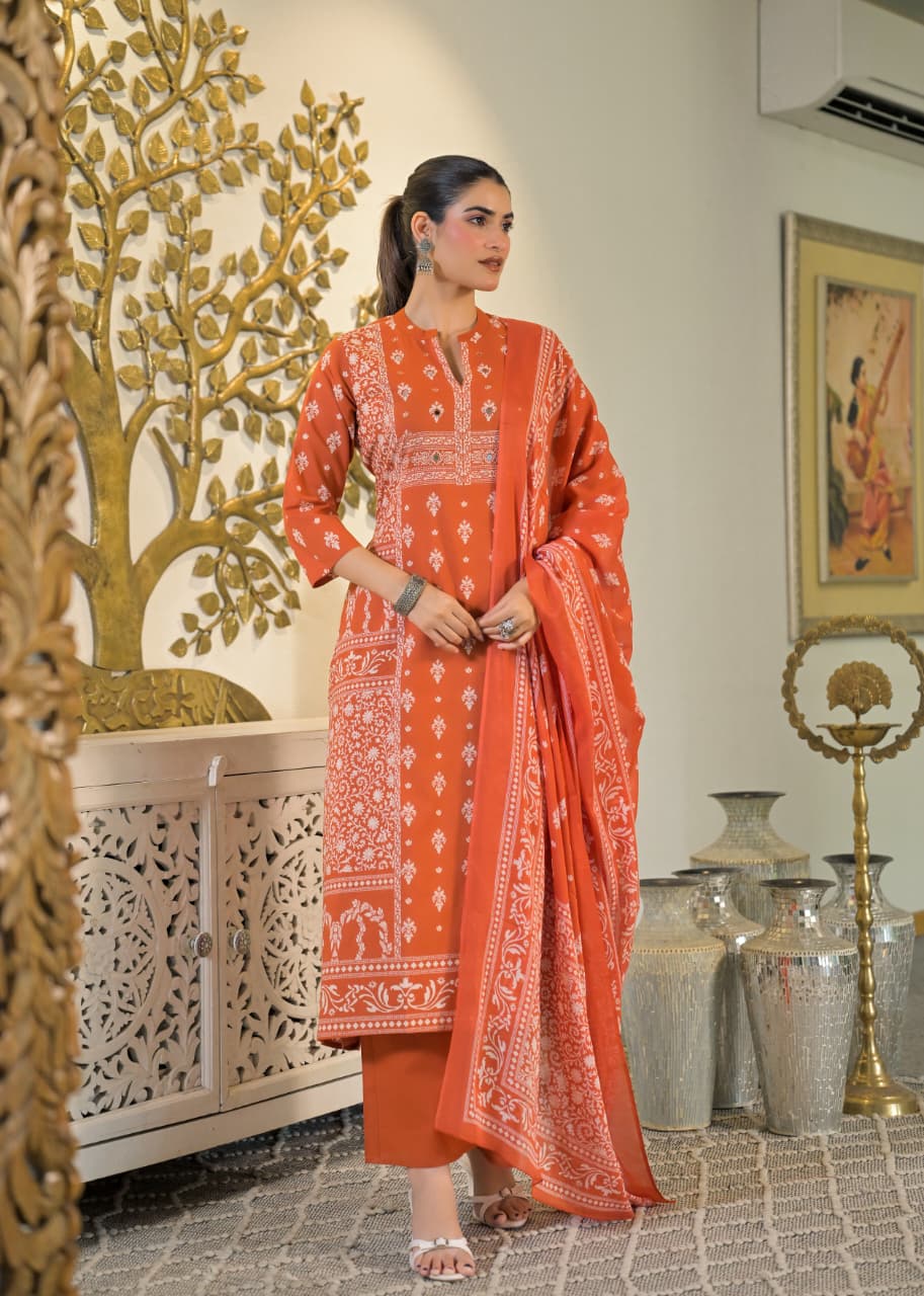 Rust Orange Heritage Print Cotton Suit Set