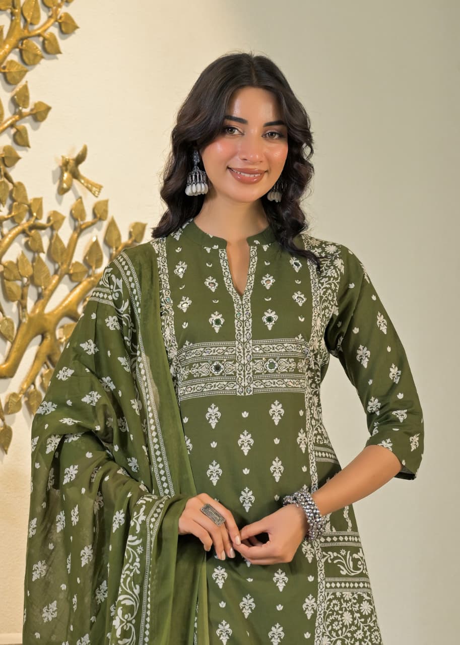 Olive Green Floral Printed Cotton Suit Set