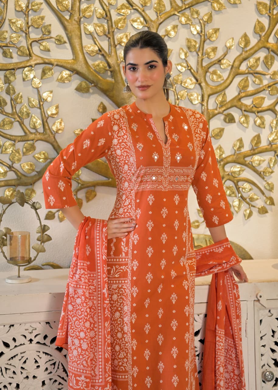 Rust Orange Heritage Print Cotton Suit Set