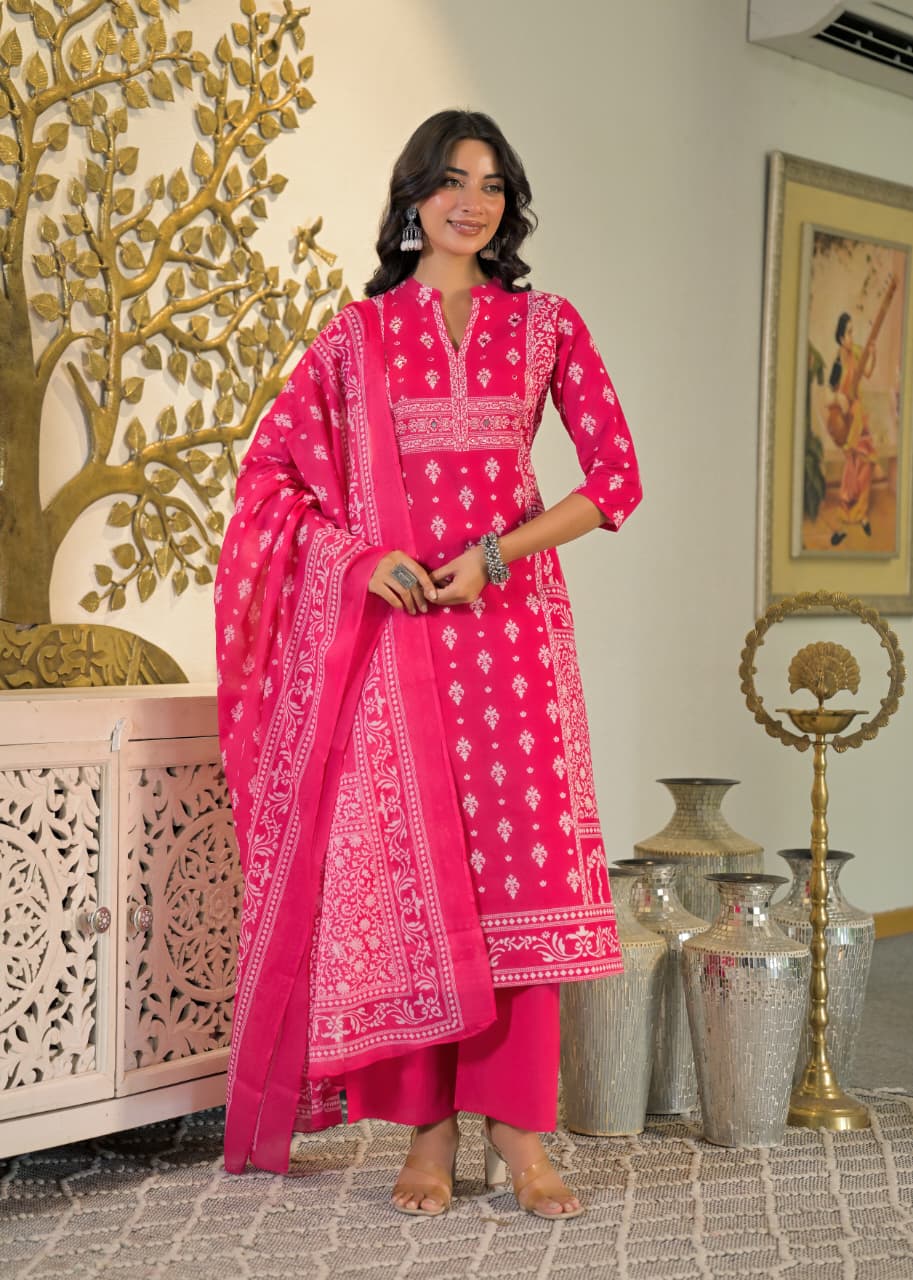 Rani Pink Heritage Printed Cotton Suit Set