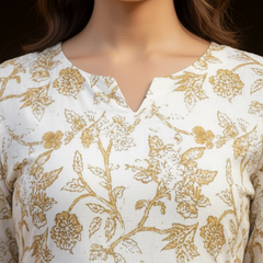 Indolady Ivory Beige Floral flare Midi Dress