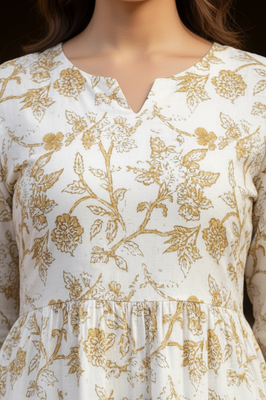 Indolady Ivory Beige Floral flare Midi Dress