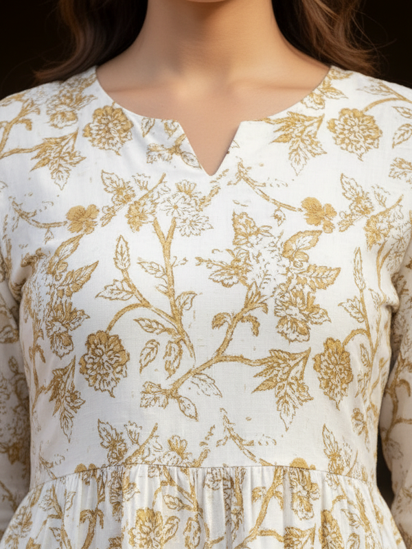 Indolady Ivory Beige Floral flare Midi Dress