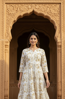 Indolady Ivory Beige Floral flare Midi Dress