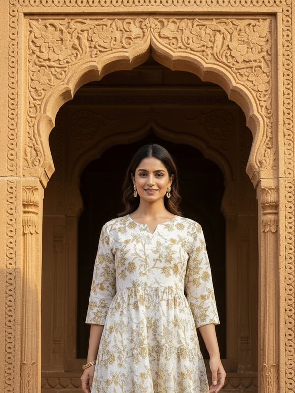 Indolady Ivory Beige Floral flare Midi Dress