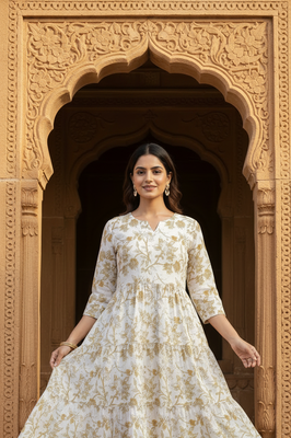 Indolady Ivory Beige Floral flare Midi Dress