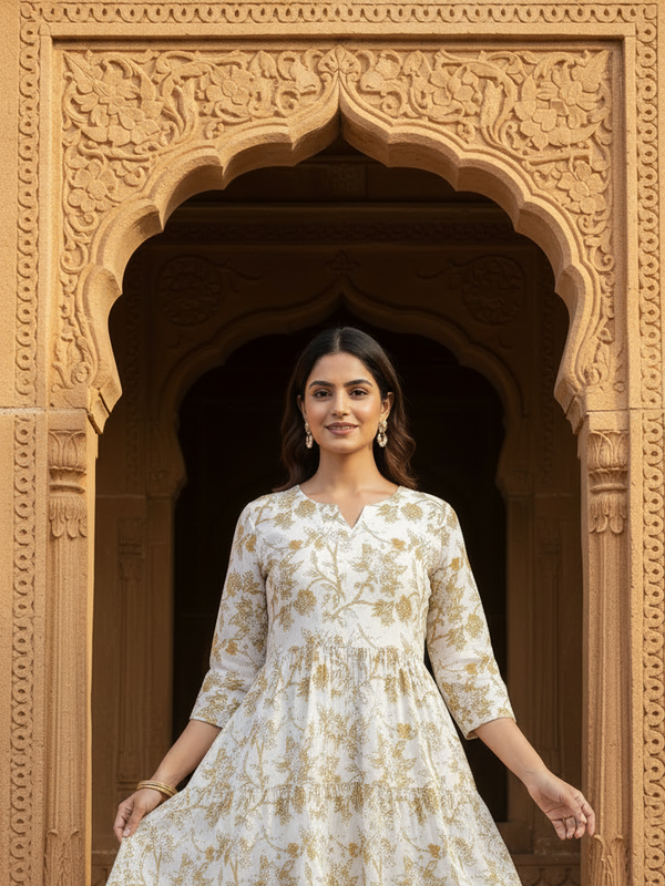 Indolady Ivory Beige Floral flare Midi Dress