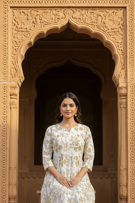 Indolady Ivory Beige Floral flare Midi Dress