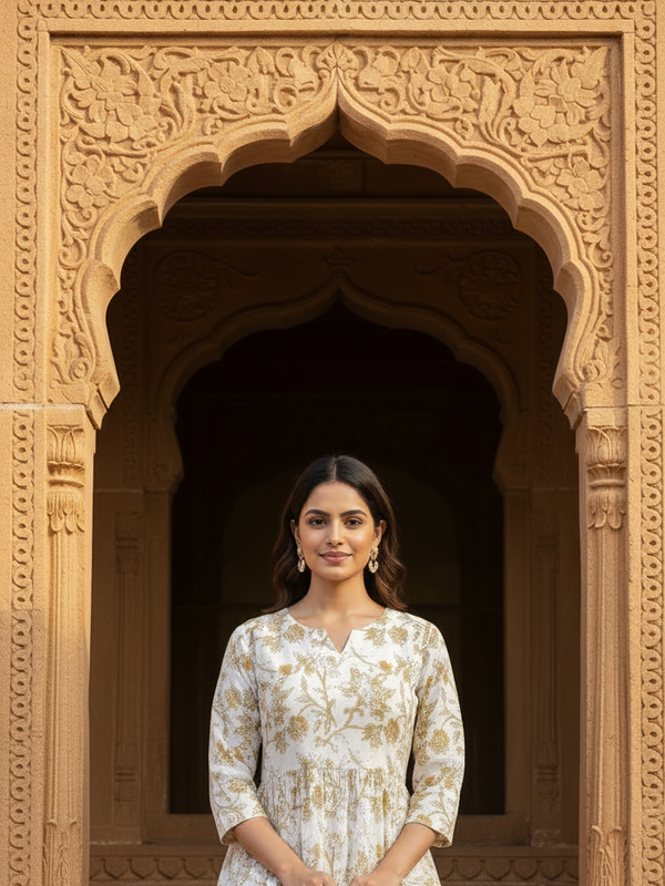 Indolady Ivory Beige Floral flare Midi Dress