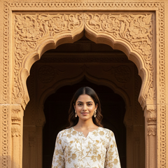 Indolady Ivory Beige Floral flare Midi Dress