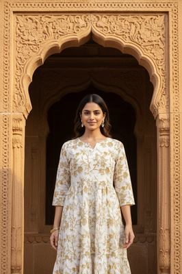 Indolady Ivory Beige Floral flare Midi Dress