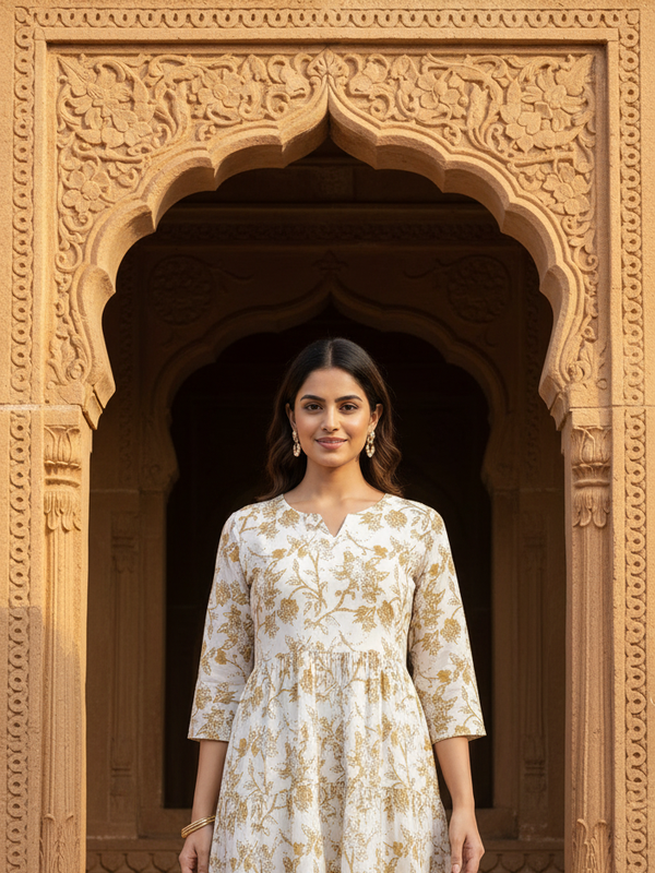 Indolady Ivory Beige Floral flare Midi Dress