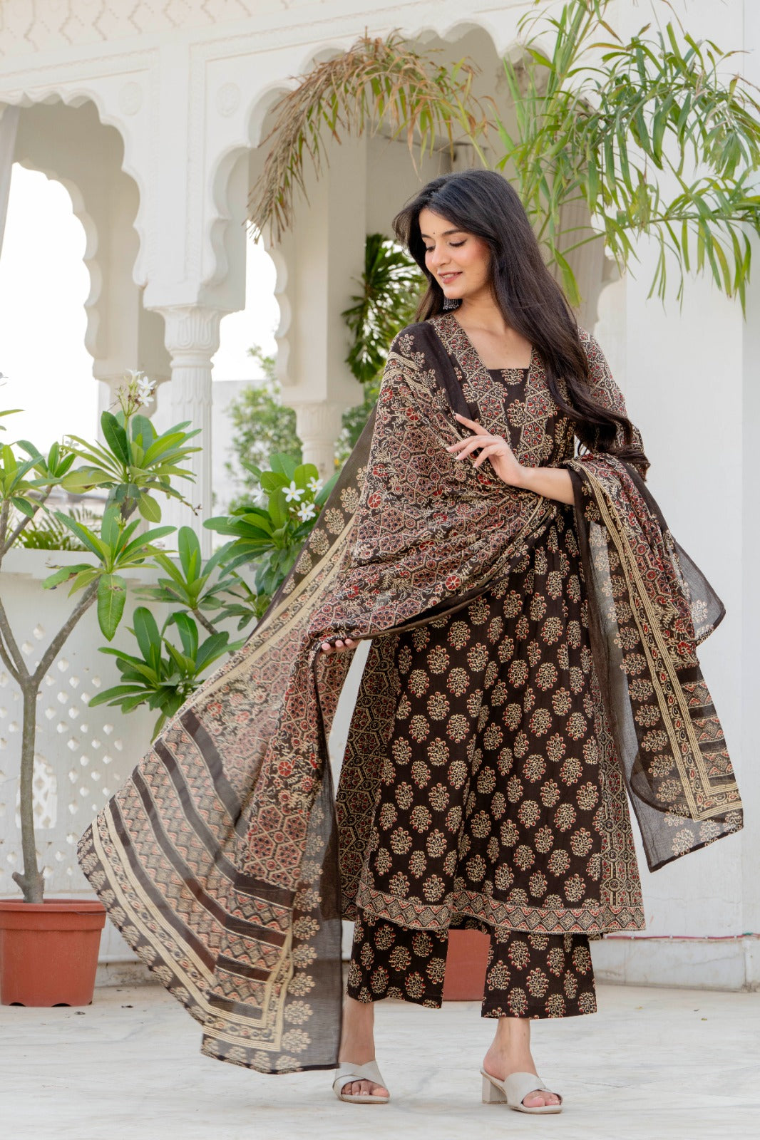 Indolady Royal Ajrakh Premium Cotton Long Kurta Pant Dupatta Set