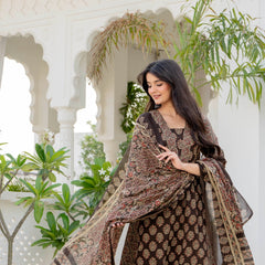 Indolady Royal Ajrakh Premium Cotton Long Kurta Pant Dupatta Set
