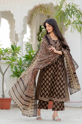 Indolady Royal Ajrakh Premium Cotton Long Kurta Pant Dupatta Set