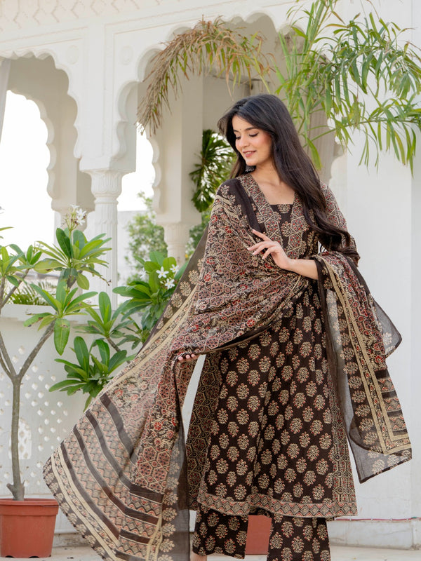 Indolady Royal Ajrakh Premium Cotton Long Kurta Pant Dupatta Set
