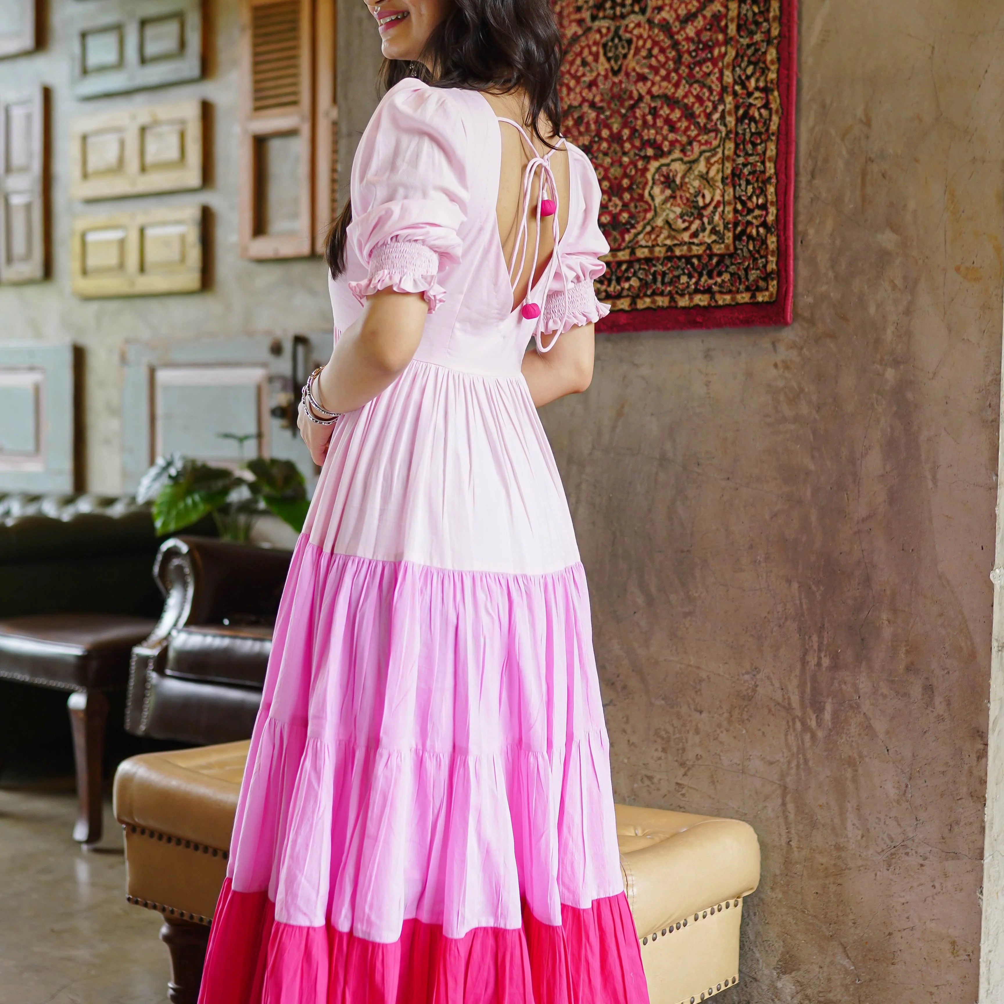 Indolady Pink Blush-Berry Ombre Tier Dress