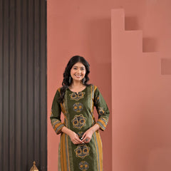 Indolady Olive Dynasty Cotton Kurta Pant Dupatta Set