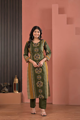 Indolady Olive Dynasty Cotton Kurta Pant Dupatta Set