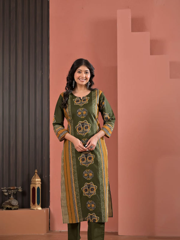 Indolady Olive Dynasty Cotton Kurta Pant Dupatta Set