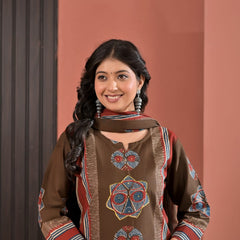 Indolady Coffee Brown Cotton Kurta Pant Dupatta Set