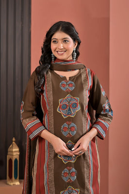Indolady Coffee Brown Cotton Kurta Pant Dupatta Set