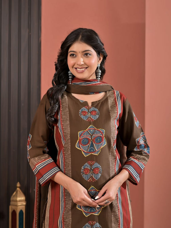 Indolady Coffee Brown Cotton Kurta Pant Dupatta Set